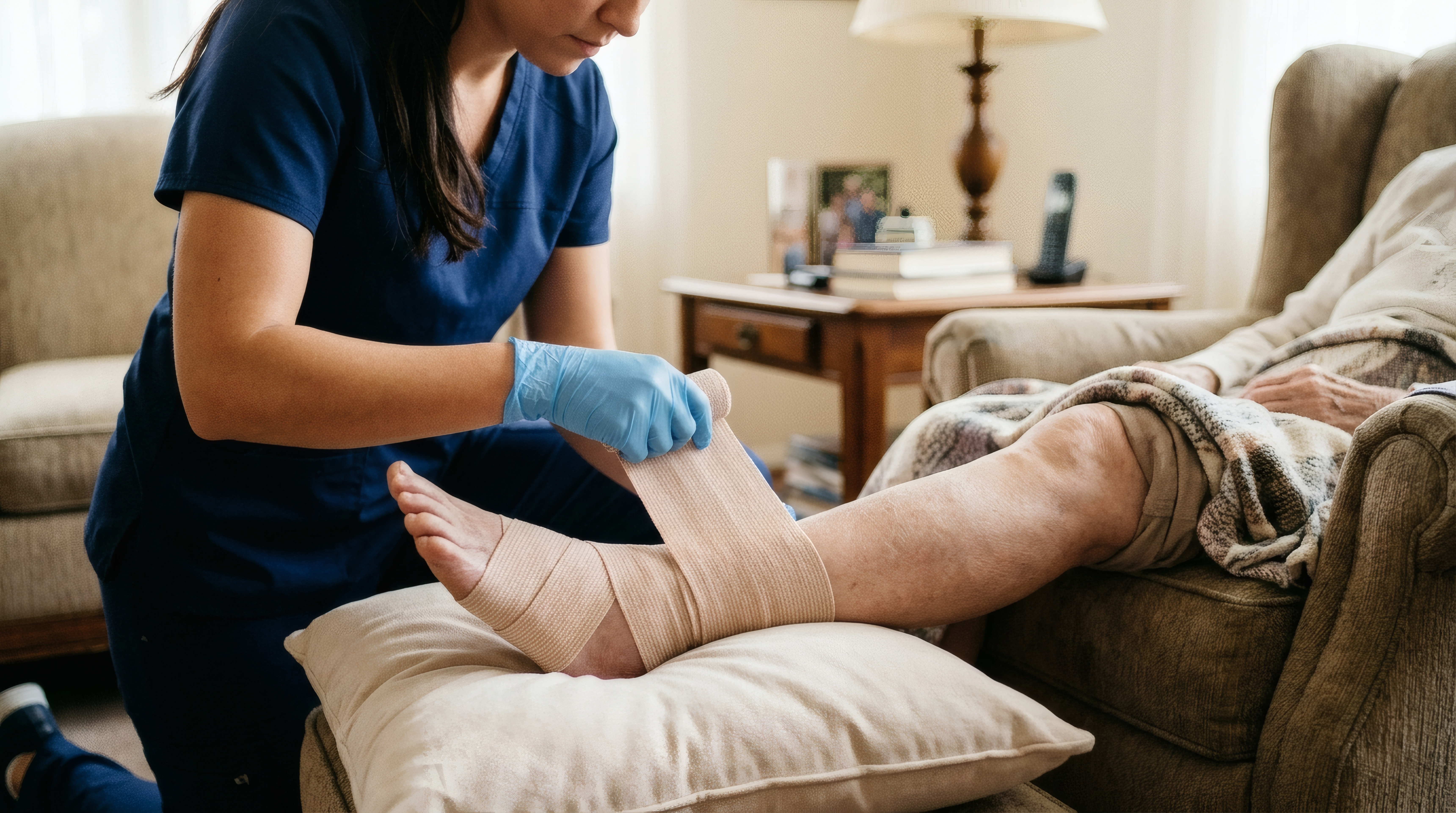 A wound-certified clinician in navy scrubs kneels in a member's living room, gently applying a compression bandage to the member's lower leg.